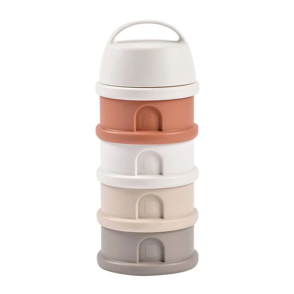 Stacked, multi-colored baby formula dispenser from Beaba with baby romper Eva style