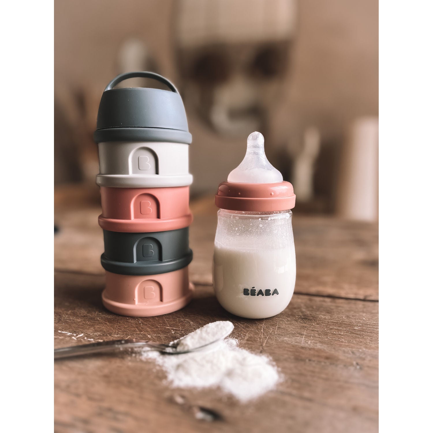 Baby formula prep scene with Beaba Formula and Snack Container, perfect for on-the-go moms