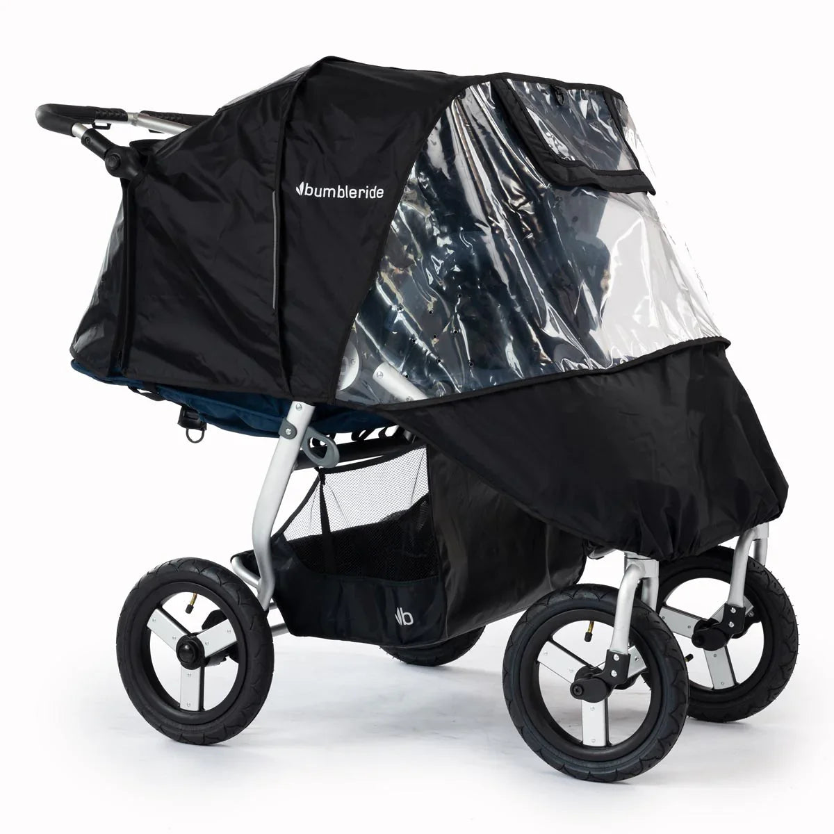 Black stroller with rain cover for Bumbleride Indie TWIN during rainy days