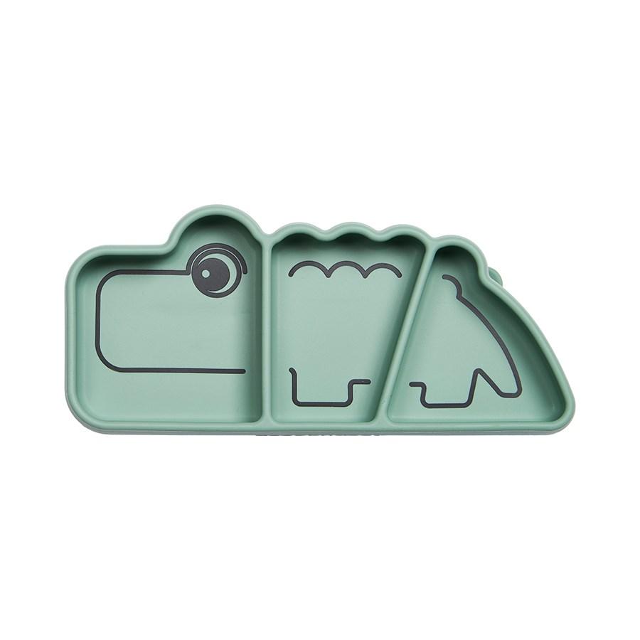 Green crocodile-shaped silicone snackplate from Done by Deer Snake Stick & Stay Croco Green perfect for baby strollers