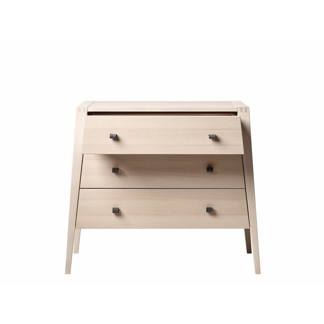 Light-colored wooden drawer dresser natural perfect for bare mum postpartum and Toshi Baby Romper