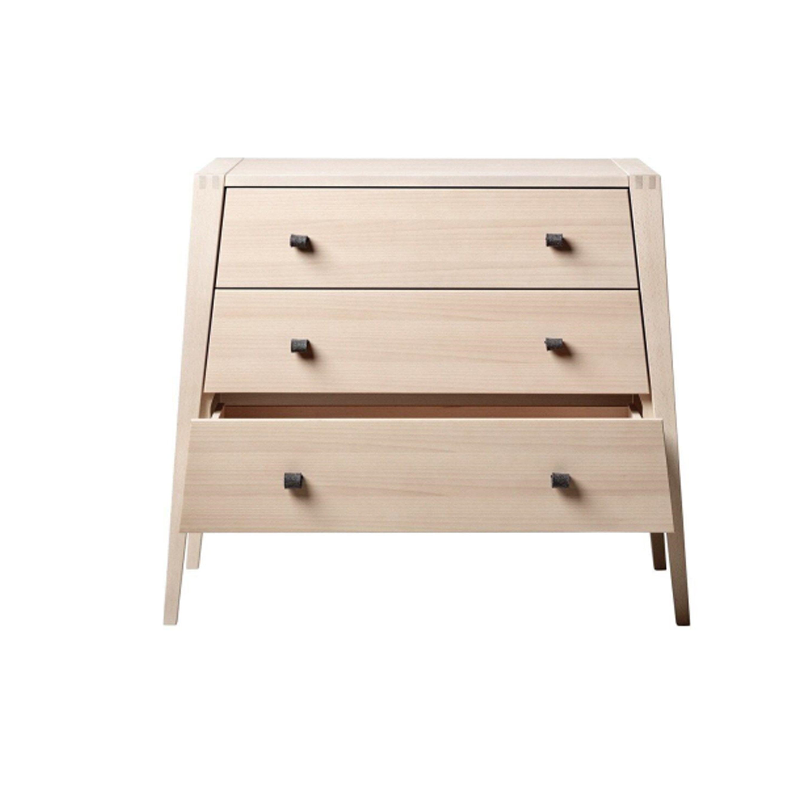 Wooden three-drawer dresser in natural finish, perfect for your Toshi Baby Romper storage