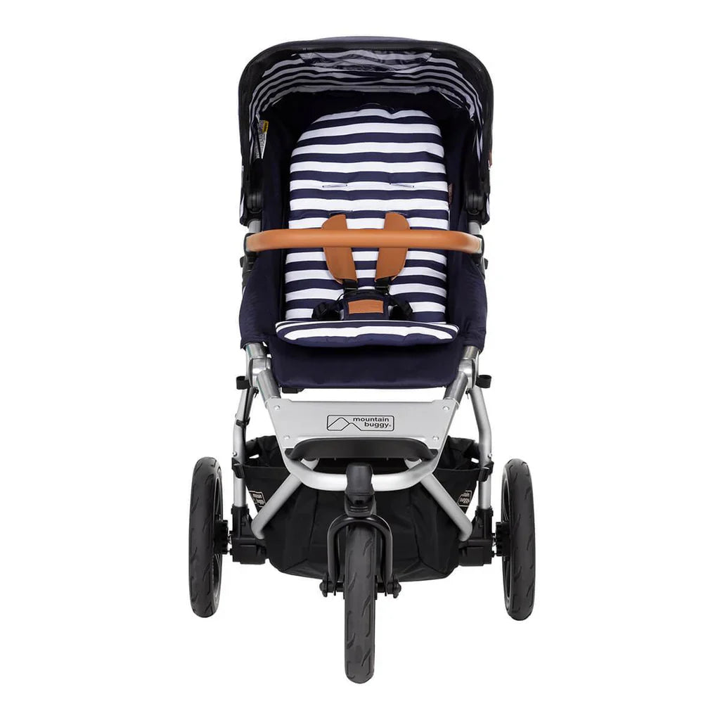 Navy and white striped baby stroller for urban adventures with the Mountain Buggy urban jungle™ luxury collection