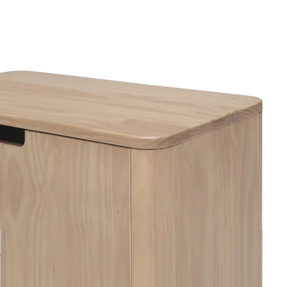 Light wood Tashi Baby Romper stored in Tasman Eco Willow Toy Box with rounded edges