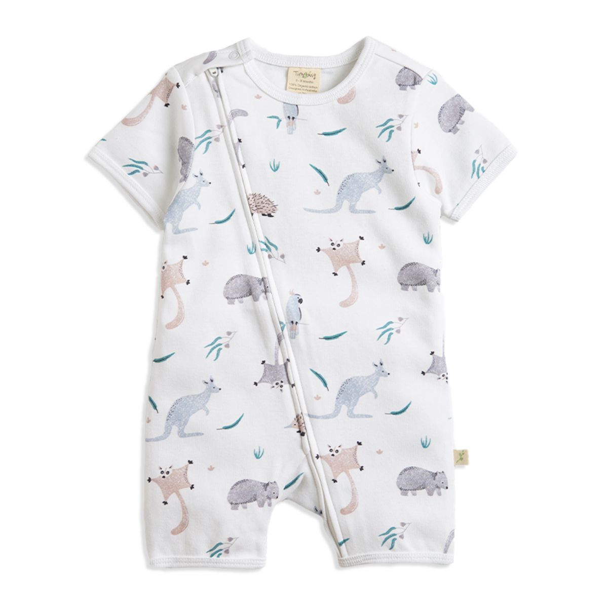 White baby romper with animal print from Tiny Twig Really Wild Zipsuit super soft GOTS certified toshi baby