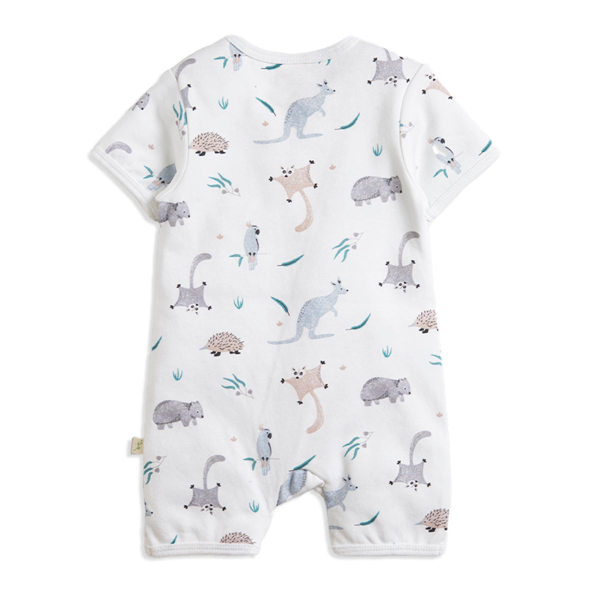 White baby romper with Australian animal print from Tiny Twig Really Wild Zipsuit, supersoft GOTS certified for baby strollers