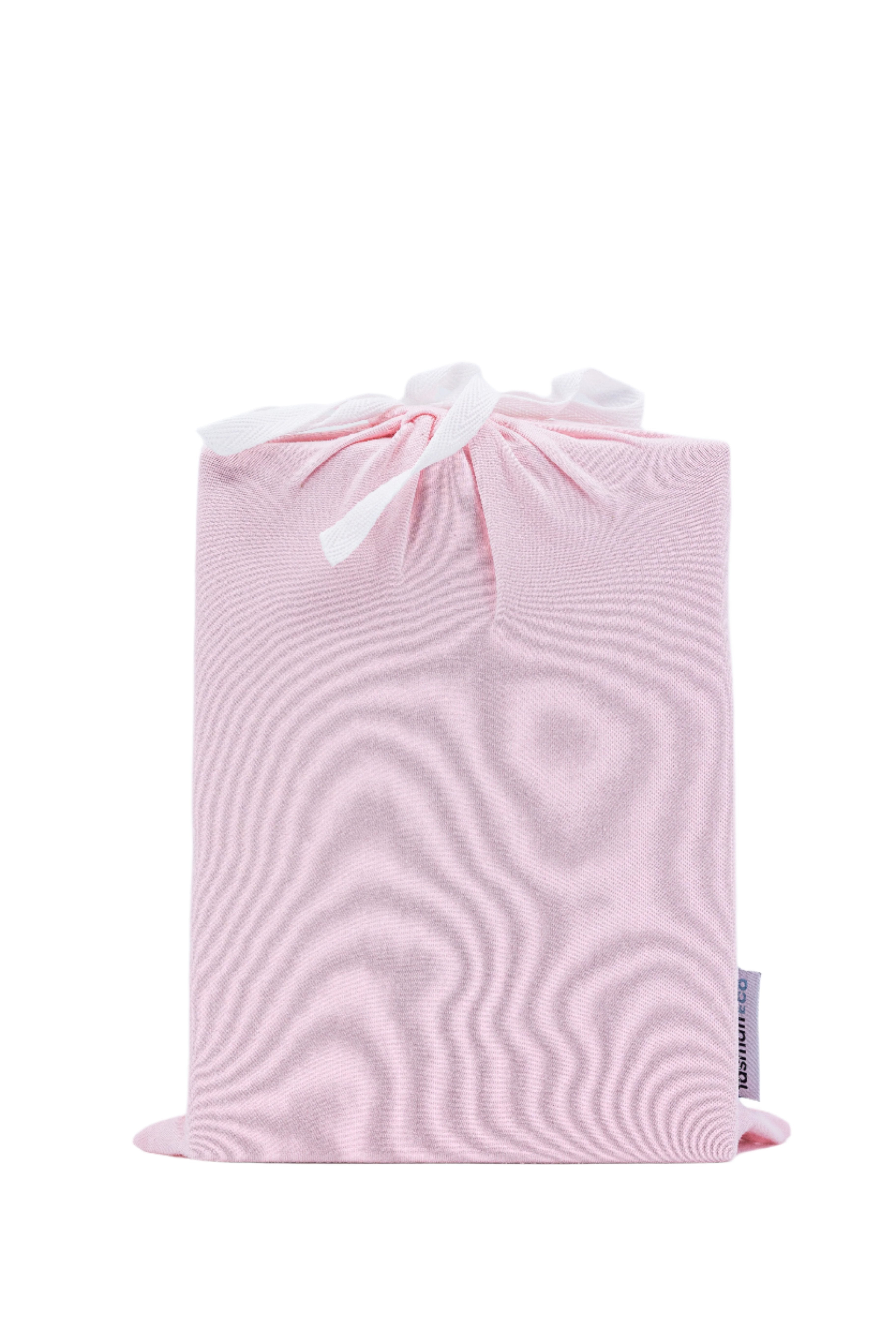 Pink and white striped drawstring bag with Tasman Eco Fitted sheets for Toshi Baby Romper and Bare Mum postpartum gear