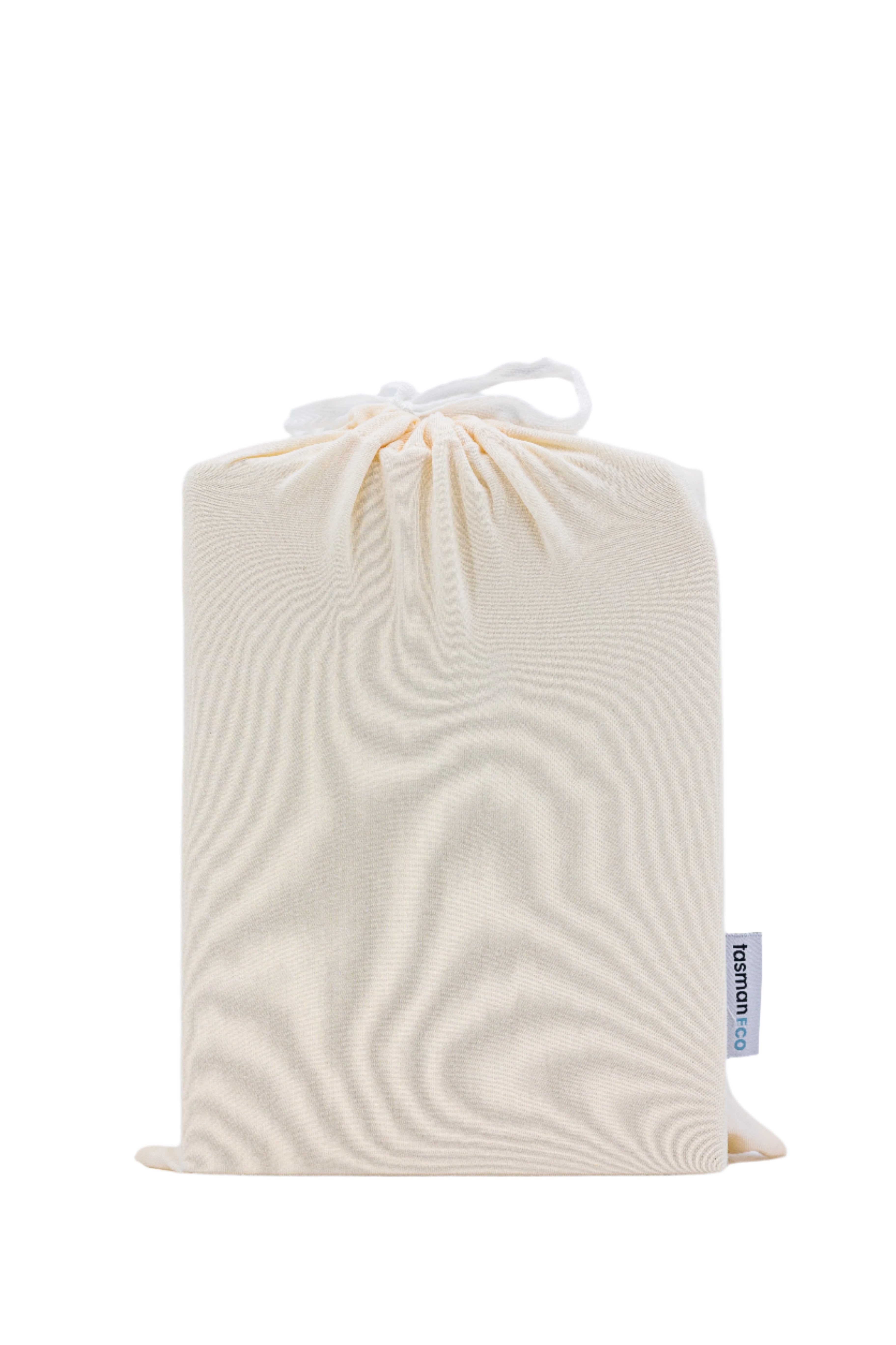 Beige drawstring bag from Tasman Eco Fitted sheets, perfect for bare mum postpartum style