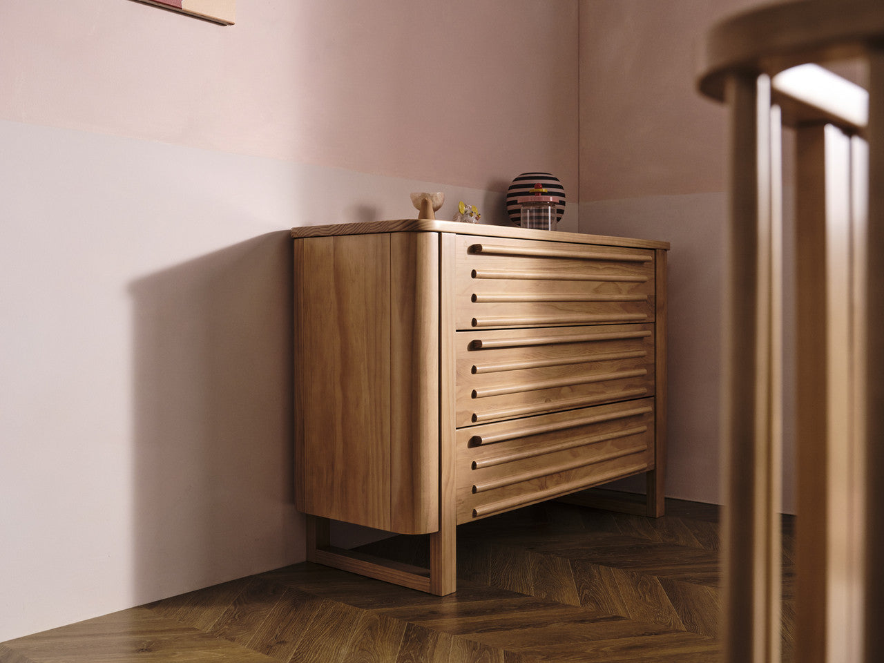 Wooden dresser with horizontal slats from Tasman Eco Pisa Pisa Cot Sandstone bundle