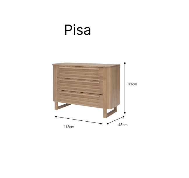 Wooden three-drawer dresser with dimensions for Tasman Eco Pisa Cot Sandstone baby strollers