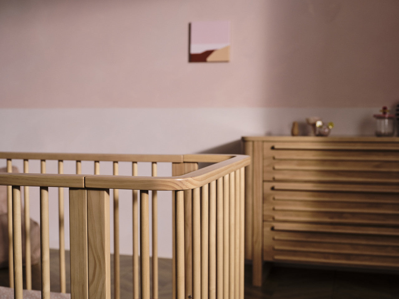 Wooden baby crib from Tasman Eco Pisa with Pisa Cot Sandstone and pocket spring mattress