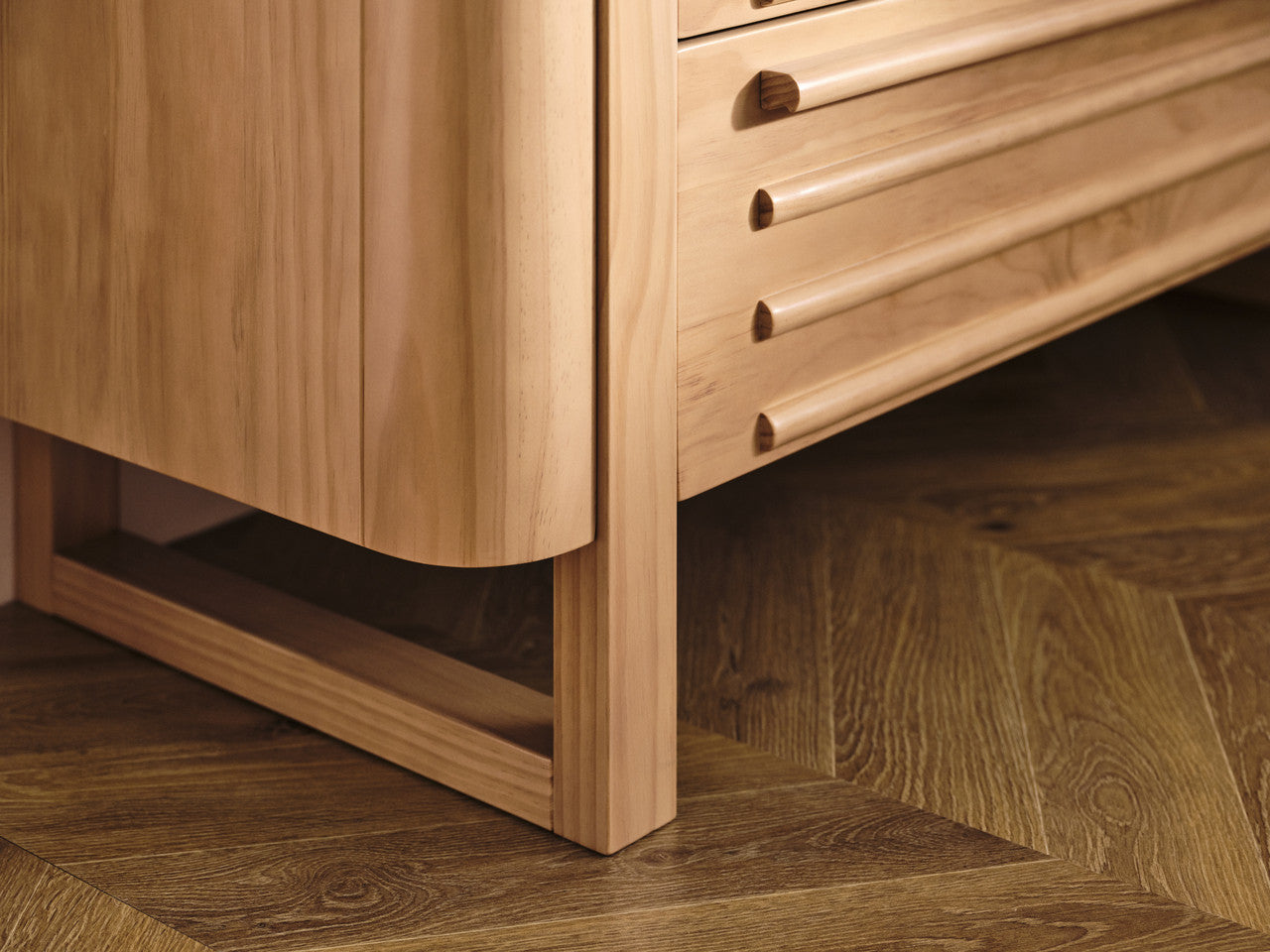 Wooden cabinet with rounded pulls from Tasman Eco Pisa Pisa Cot Sandstone set