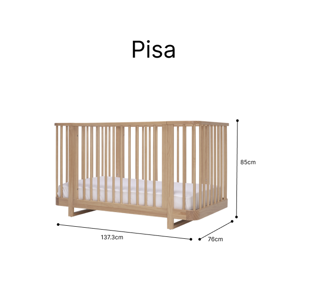 Wooden Tasman Eco Pisa Cot with dimensions in Sandstone from Pisa Cot Sandstone line