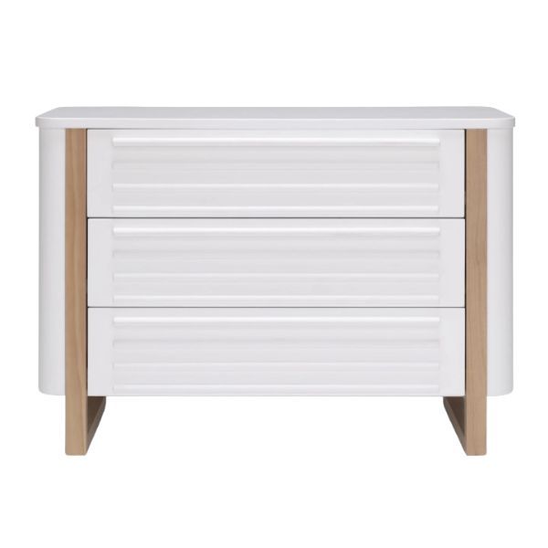 White three-drawer tasman eco pisa dresser with light wood accents for Toshi Baby products