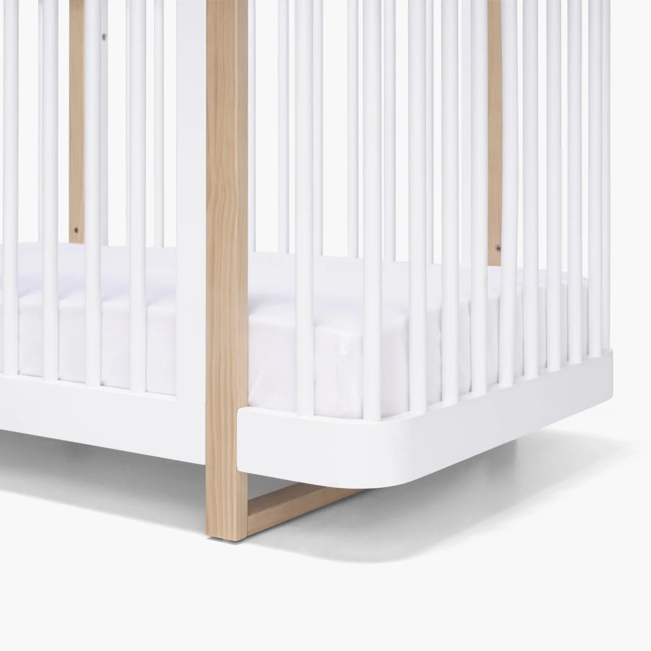Tasman Eco Pisa Cot White and Sandstone with toshi baby crib and dresser setup