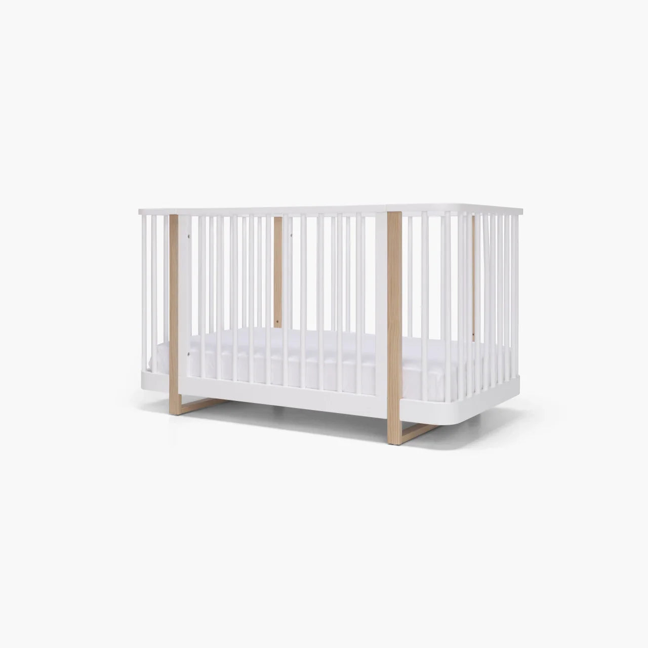 White and wood crib from Tasman Eco Pisa collection for Toshi Baby Pisa Cot White