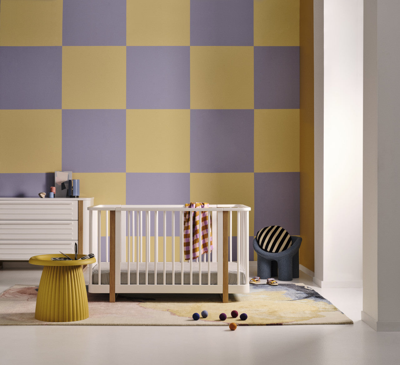 White and wood Tasman Eco Pisa Cot with STANDARD mattress and Toshi Baby dresser