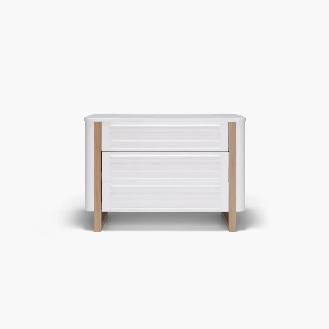 White dresser with three drawers from Tasman Eco Pisa, perfect with baby strollers
