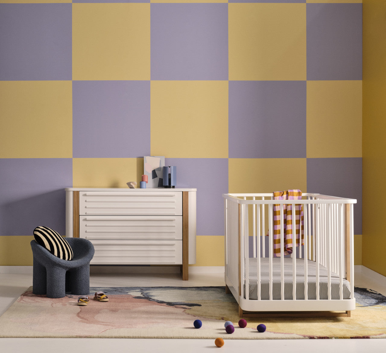 Modern nursery room with baby strollers and Tasman Eco Pisa 3 Drawer Chest
