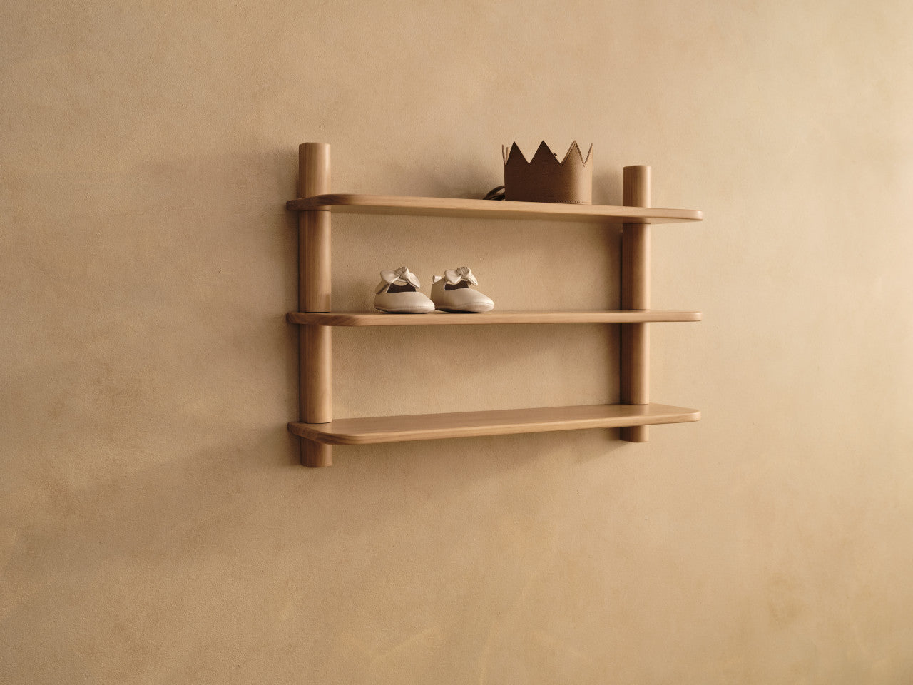 Wooden three-tier shelf with cylindrical supports from Tasman Eco Willow for stylish storage