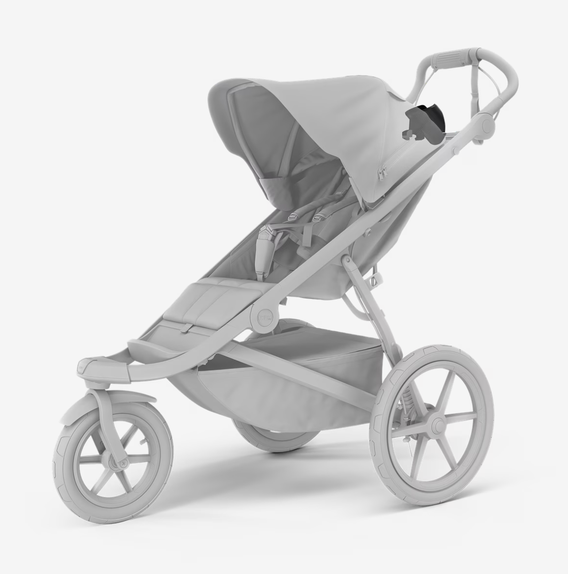 Gray three-wheeled stroller with Thule bottle cage for Toshi baby and Thule child carrier