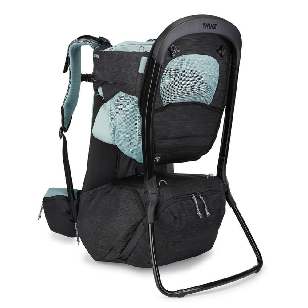 Black and gray Thule Sapling Child Carrier Backpack with machine washable seat for baby strollers
