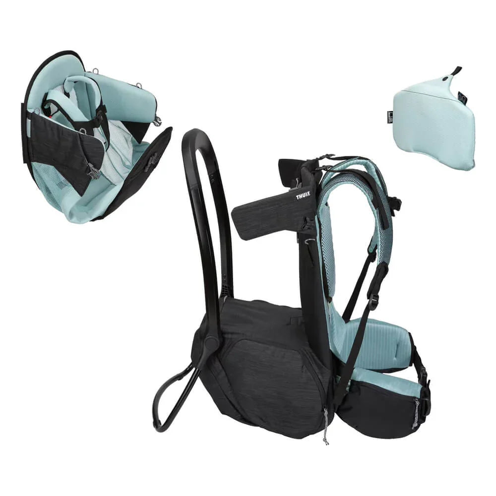 Black and light blue Thule Sapling Child Carrier with machine washable seat and Toshi Baby Gear compartmen