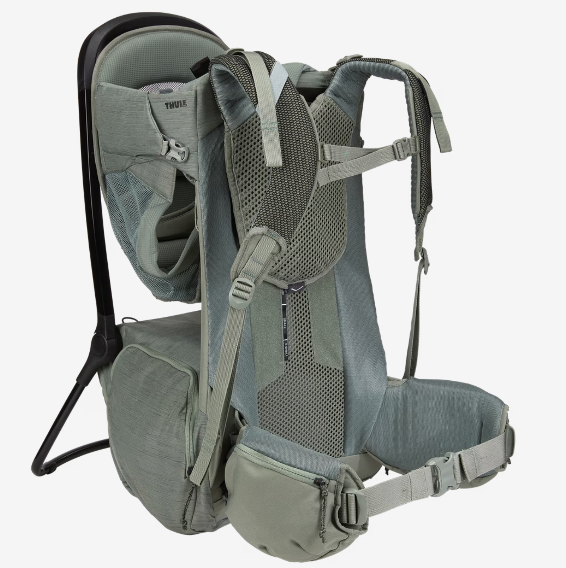 Gray Thule Sapling Child Carrier Backpack with machine washable gear and Toshi baby leg support