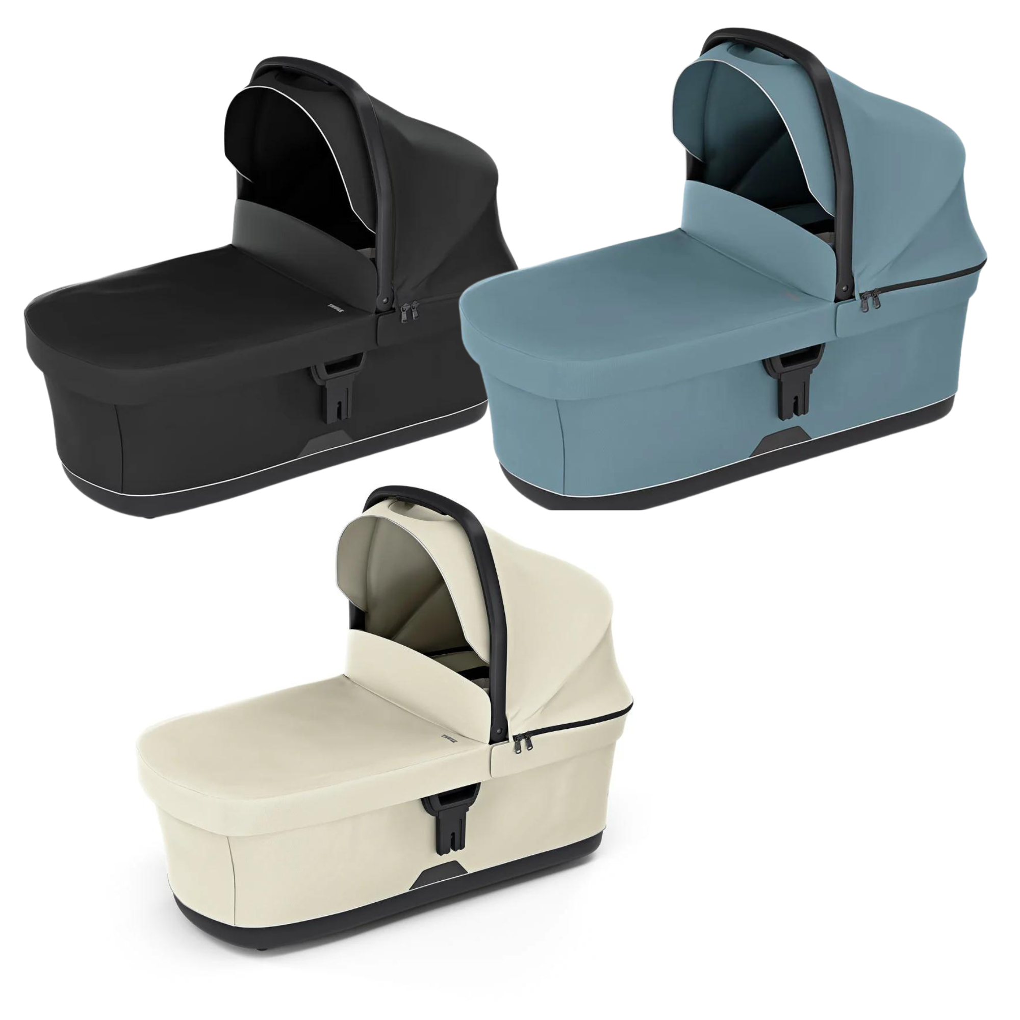 Three colorful Thule Urban Glide bassinets with Odyssey wagon wheels and Toshi Baby Romper