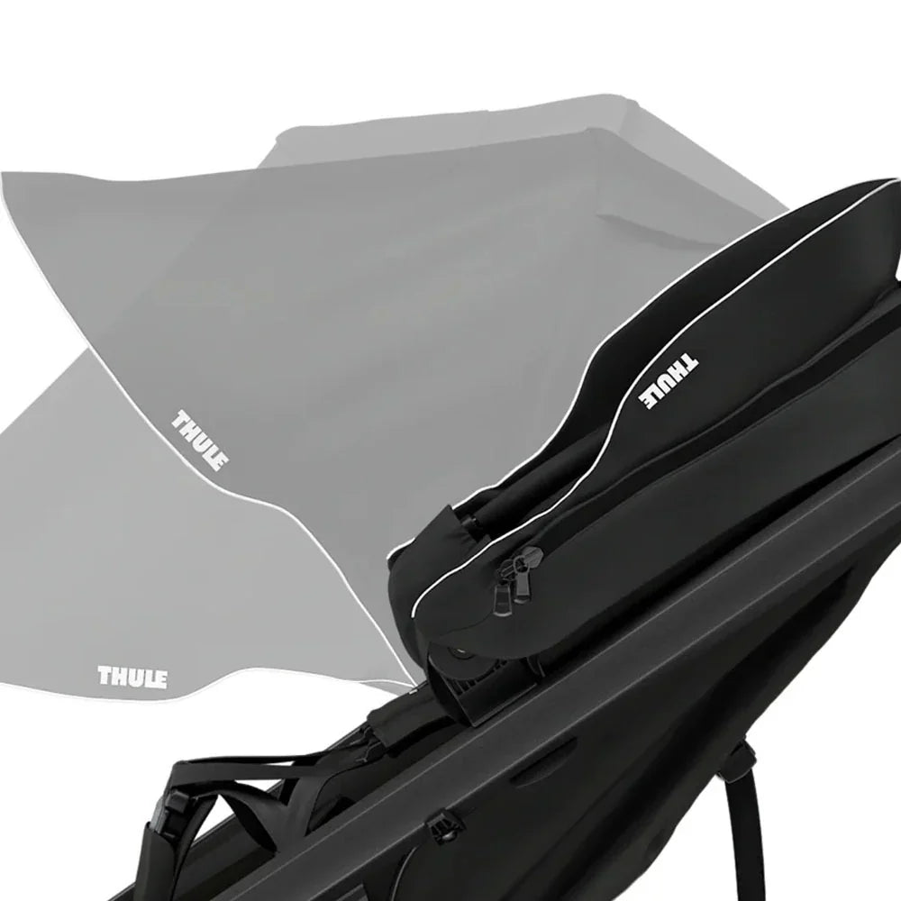Black stroller canopy on Thule Urban Glide all-terrain baby stroller for easy outdoor adventures