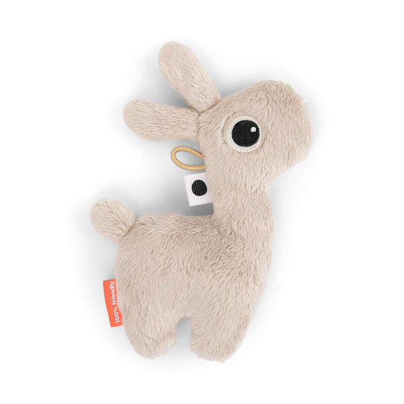 Beige plush llama toy from Done by Deer Tiny Sensory Rattle Lalee for Toshi Baby Romper