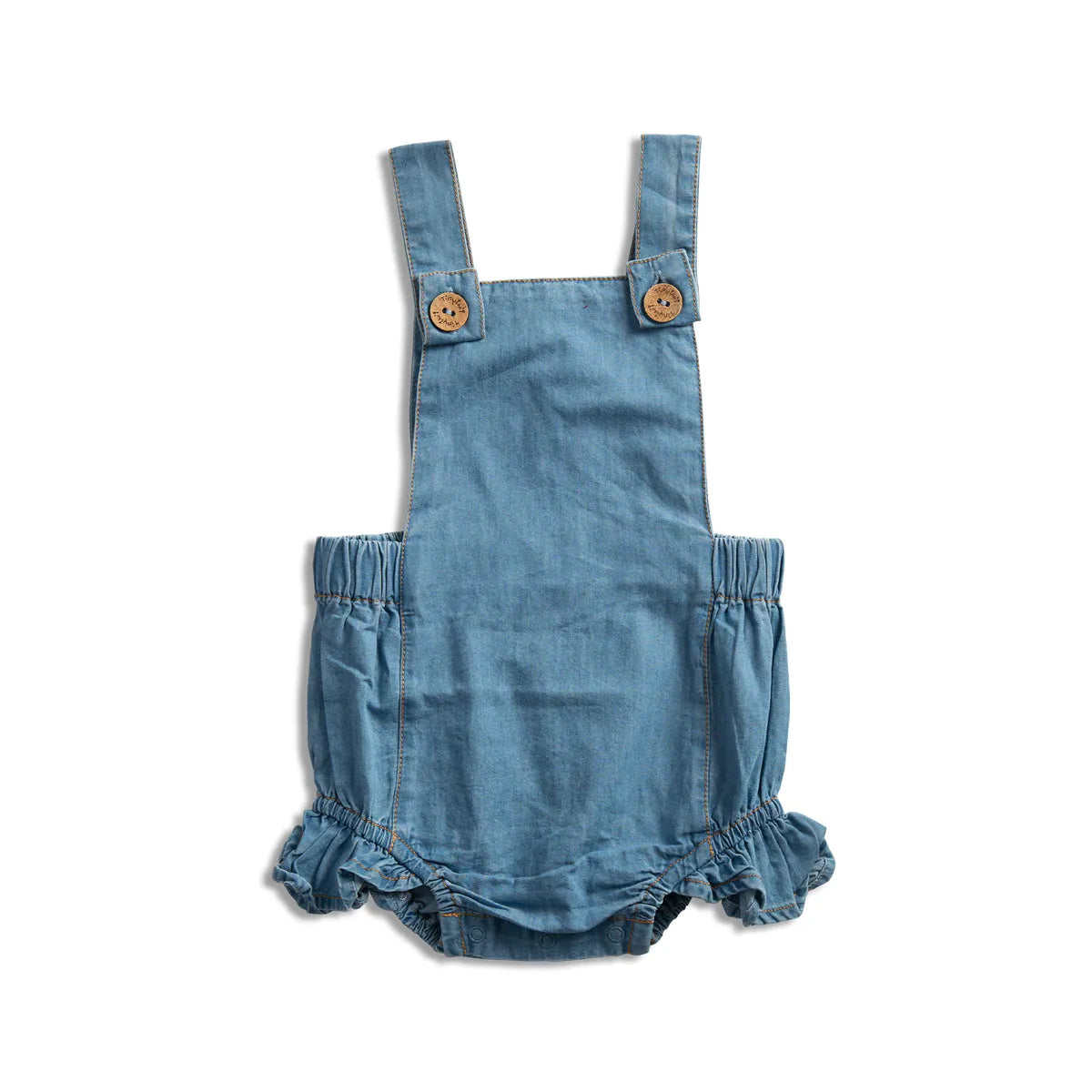Blue denim baby romper from Tiny Twig Toshi Baby with eco friendly coconut denim organic frill