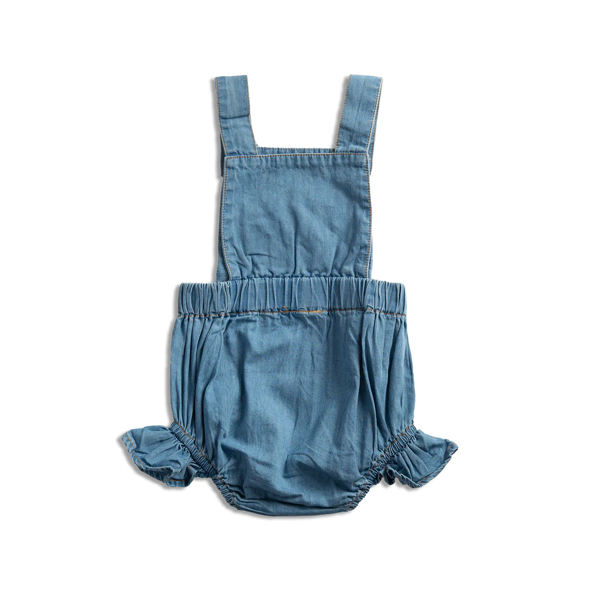 Blue denim baby romper from Tiny Twig with organic frill, perfect for Toshi Baby and baby strollers