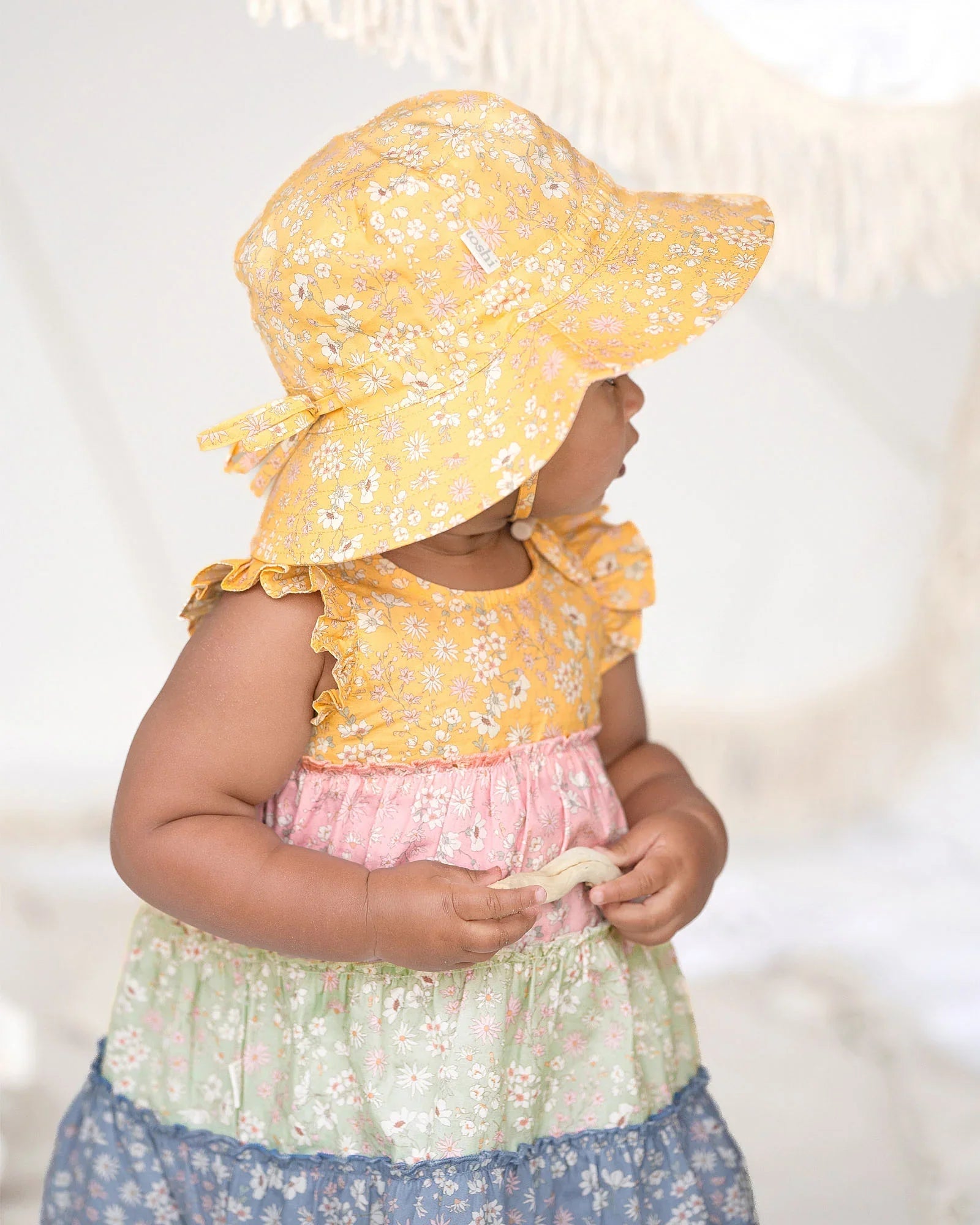 Infant girl’s floral sun hat and tiered dress from Toshi Baby Dress with finest quality panel