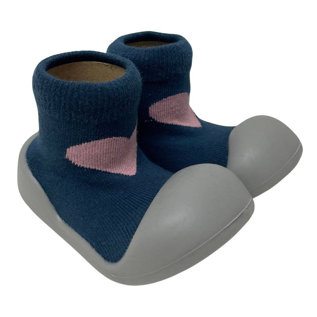 Navy pink heart Toshi Baby rubber soled socks with blue shoe design