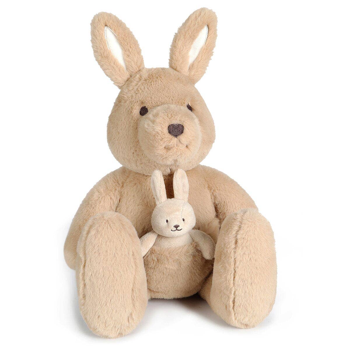 Tan plush kangaroo with joey toy from OB Australia perfect for baby strollers