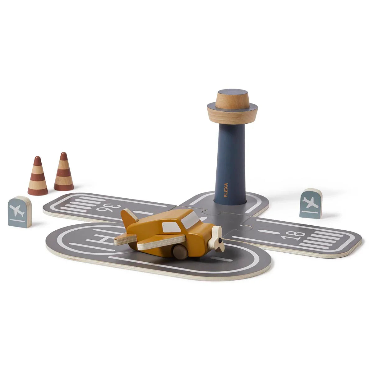 Wooden toy airport set from Flexa with toshi baby romper scene, fun for kids
