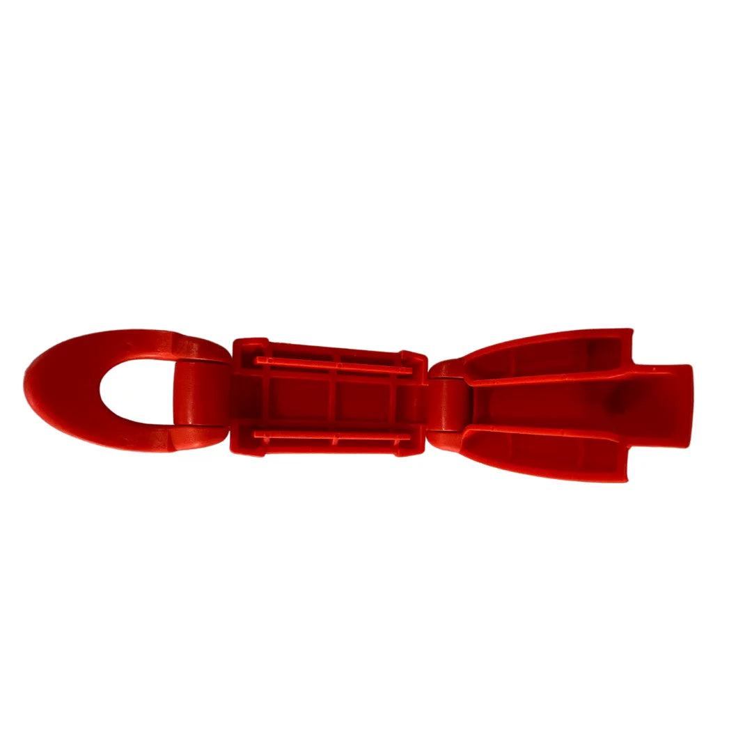 Red plastic toy tow hook on RUCQR Belt Clamp, perfect for Odyssey Wagon Wheels and baby strollers