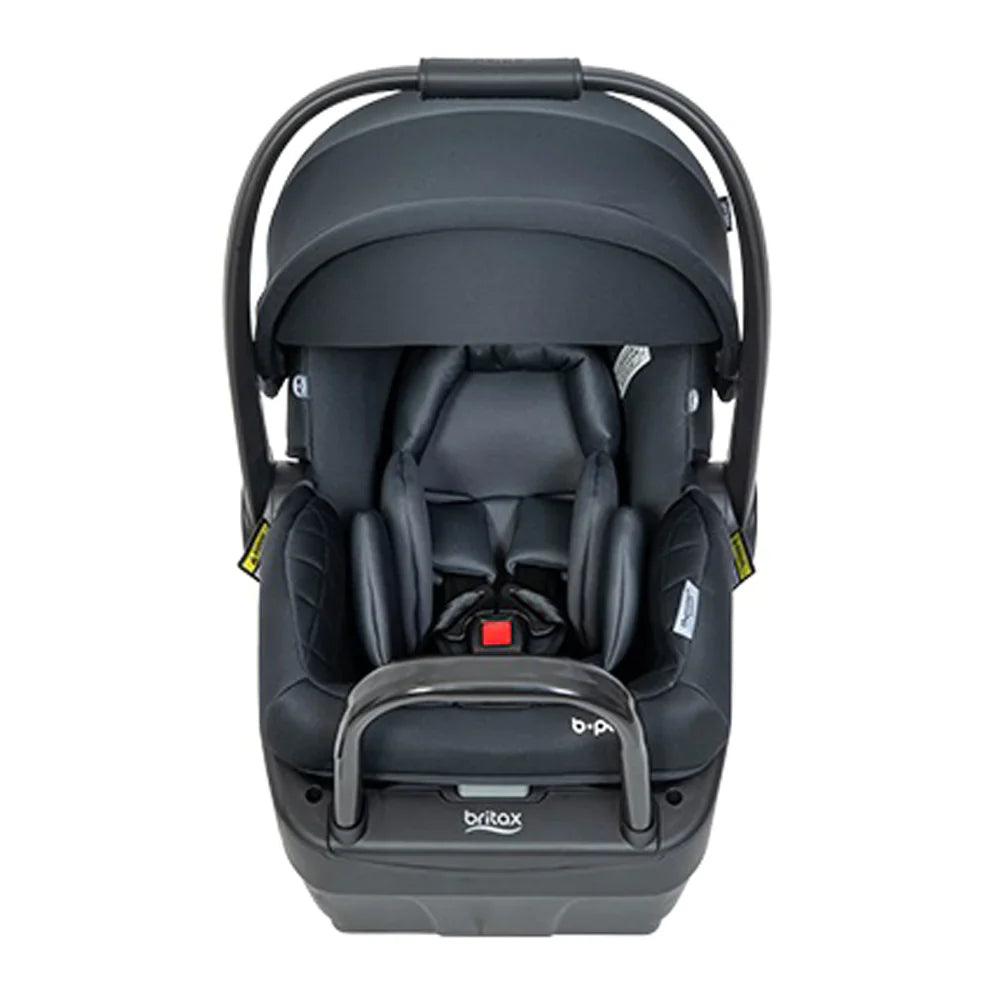 Black infant car seat in Britax Safe-n-Sound b-pod Baby Capsule, perfect for Odyssey Wagon Wheels outings
