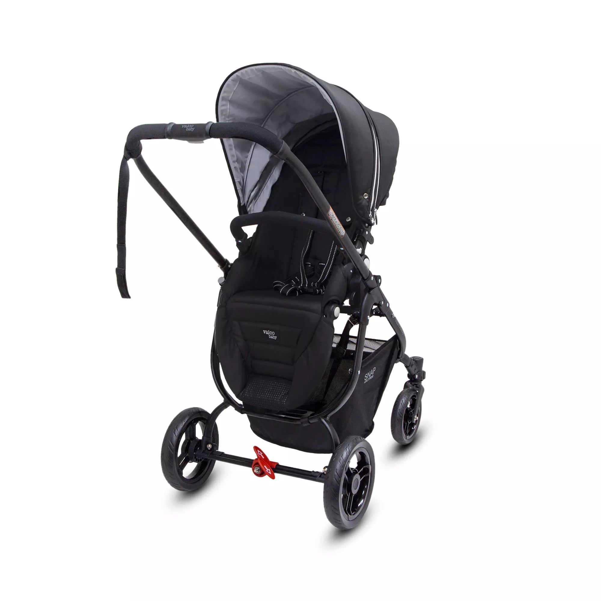 Black baby stroller with Valco Baby Snap Ultra and Valco Baby Ultra P Bassinet