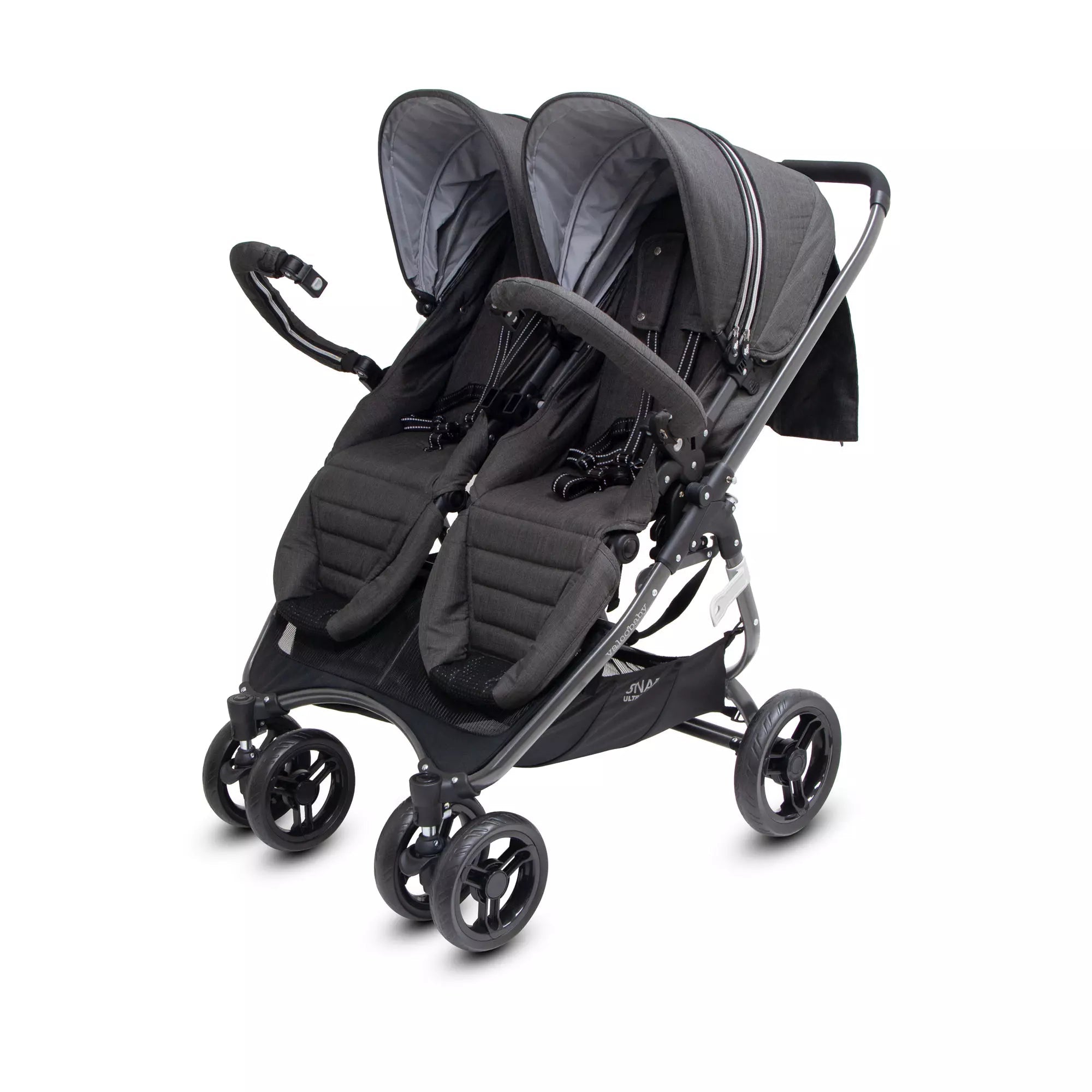 Black double stroller from Valcobaby SNAP Ultra DUO with Toshi Baby free cup holder