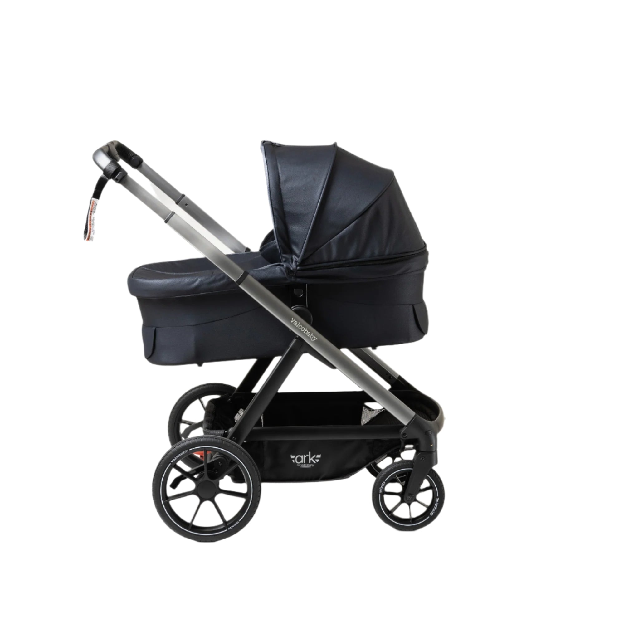 Black baby stroller with Valcobaby Ark Bassinet and Odyssey Wagon Wheels design