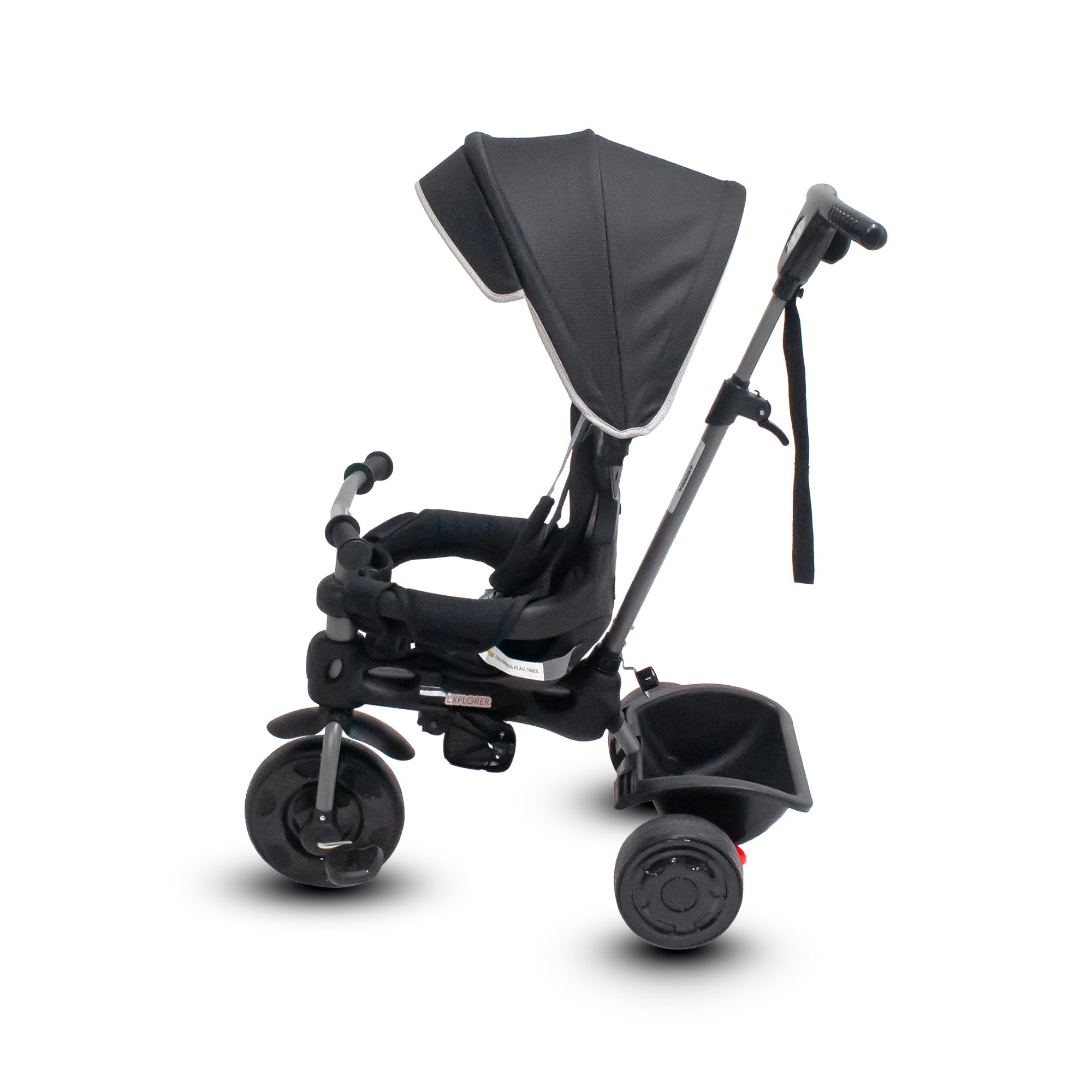 Black child’s tricycle with sunshade from Vee Bee Explorer, perfect for little adventurers