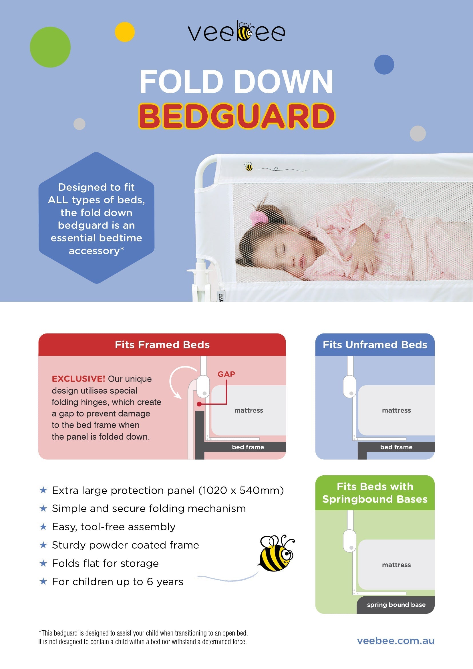 Vee Bee Fold down bed guard compatible with various bed frames for Toshi Baby strollers