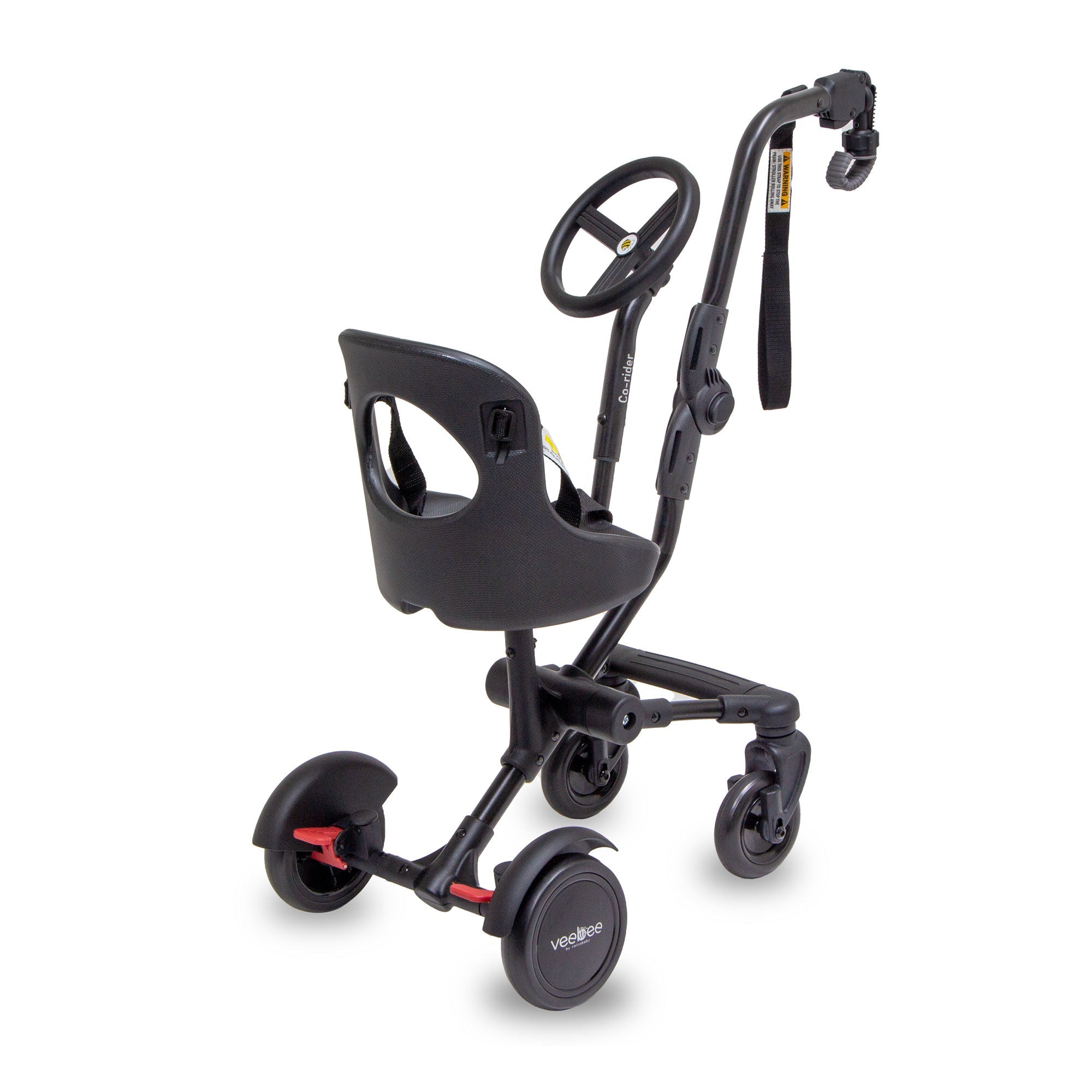 Black child’s stroller with steering wheel from Vee Bee Co-Rider, perfect versatile ride-on platform
