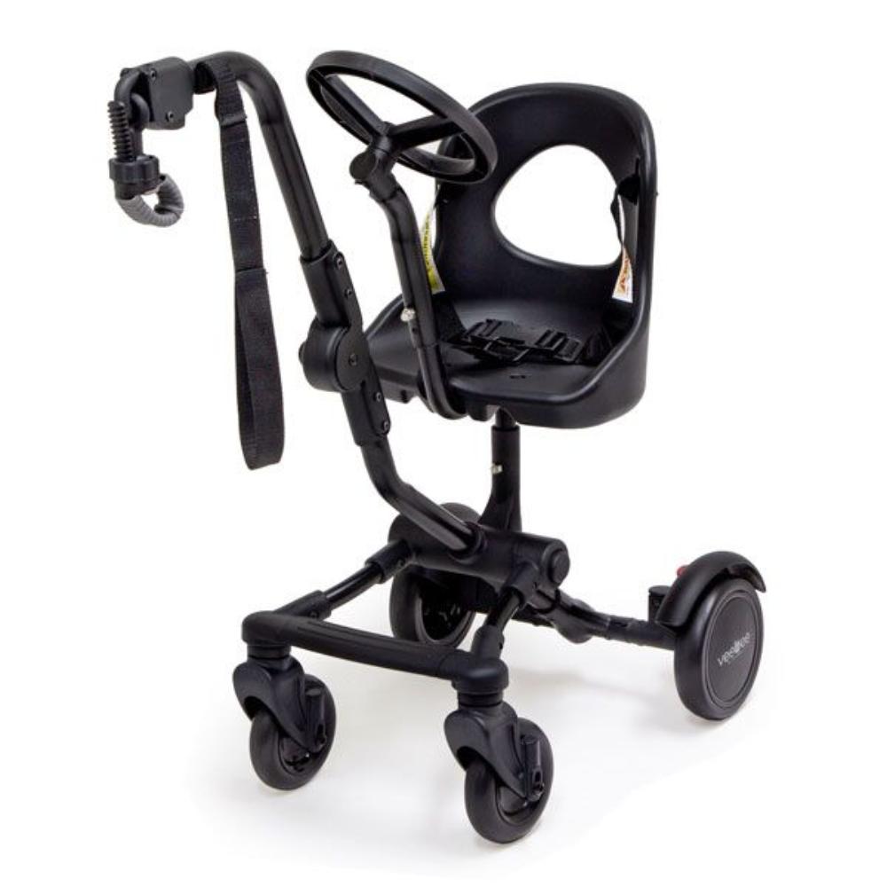 Black child’s stroller with steering wheel for Vee Bee Co-Rider promotes versatile ride-on platform