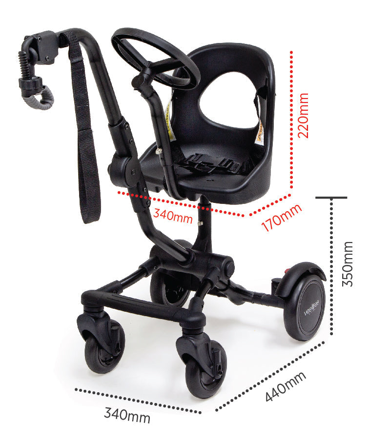 Black child’s stroller Vee Bee Co-Rider with dimensions, perfect for baby strollers