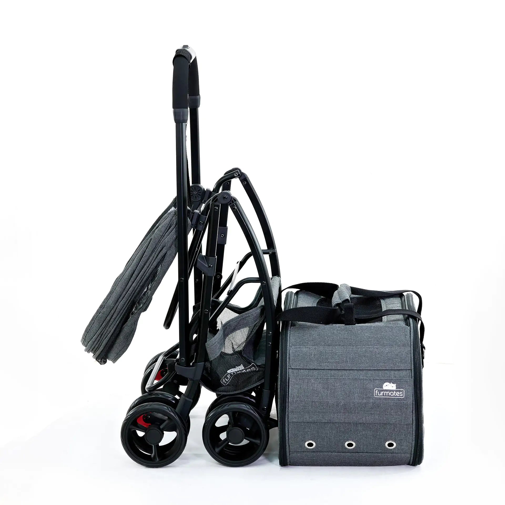 Folded gray Furmates Walky Pet Stroller with removable sun canopy and 10kg capacity