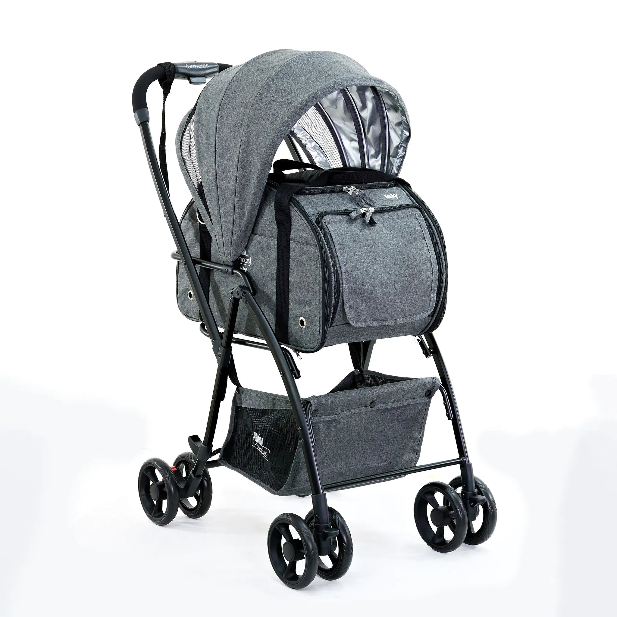 Gray Furmates Walky Pet Stroller with removable sun canopy and 10kg capacity