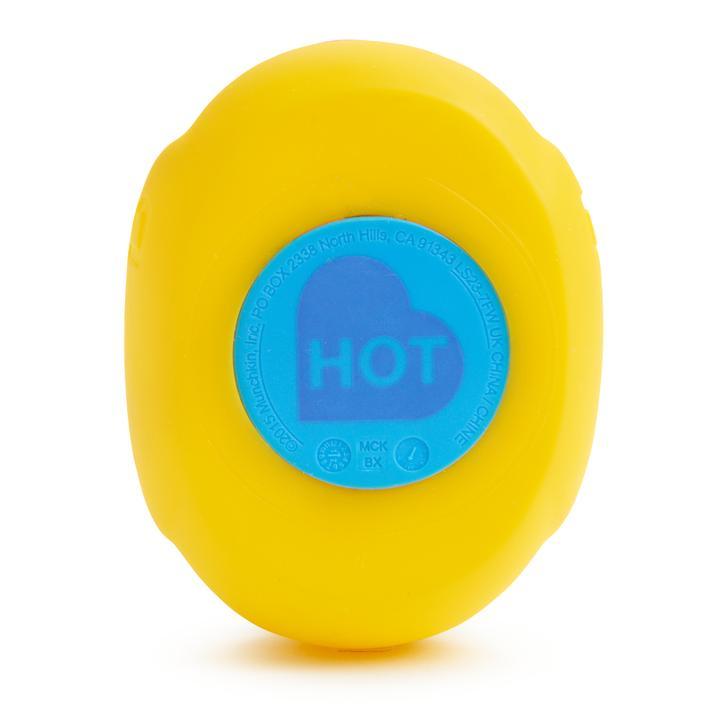 Yellow container with blue HOT indicator for Munchkin White Hot Ducky to prevent unnecessary bath-time heats